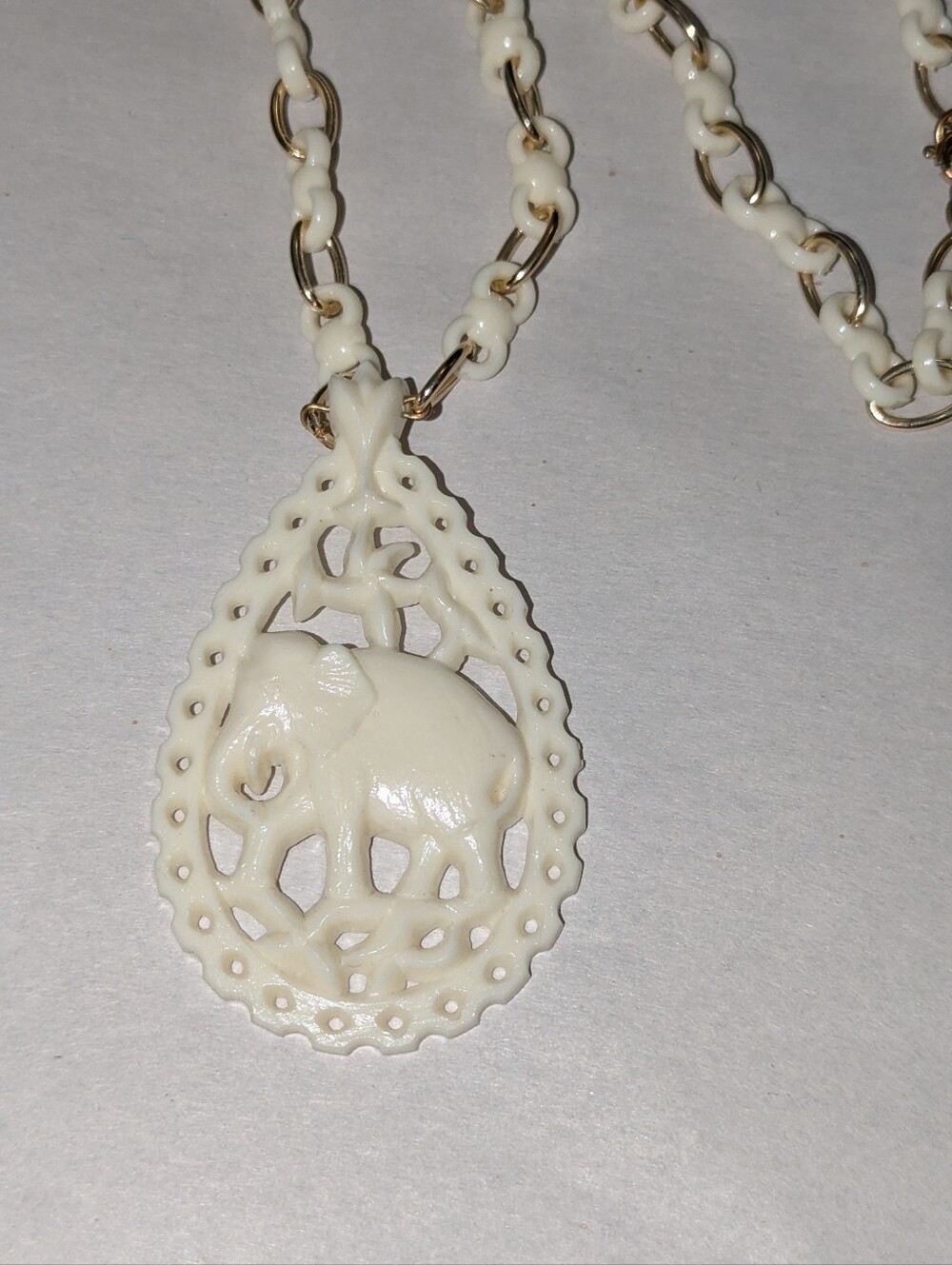 Vintage White Filigree Elephant Pendant Necklace